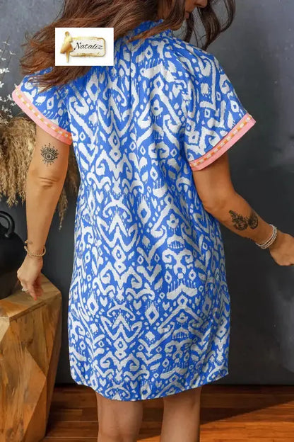 Blue Western Fashion Print Striped Color Block Patchwork Shift Mini Dress Nataliz