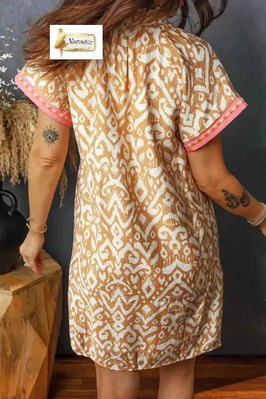 Blue Western Fashion Print Striped Color Block Patchwork Shift Mini Dress Nataliz