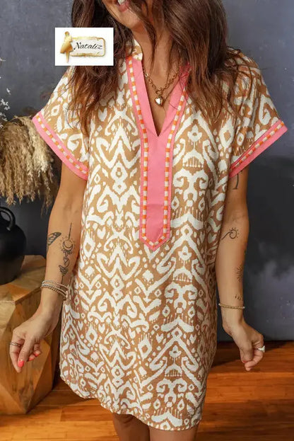 Blue Western Fashion Print Striped Color Block Patchwork Shift Mini Dress Nataliz