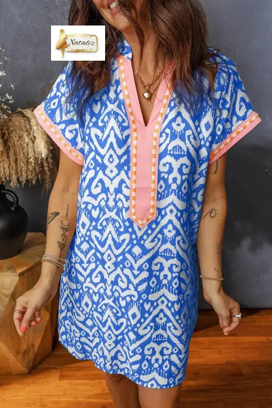 Blue Western Fashion Print Striped Color Block Patchwork Shift Mini Dress Nataliz