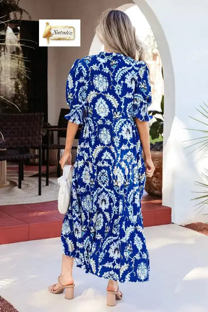 Blue Wild Floral Print Frilled Collar Half Sleeve Long Dress Dear-Lover Dropshipping