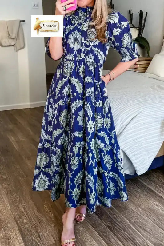 Blue Wild Floral Print Frilled Collar Half Sleeve Long Dress Dear-Lover Dropshipping