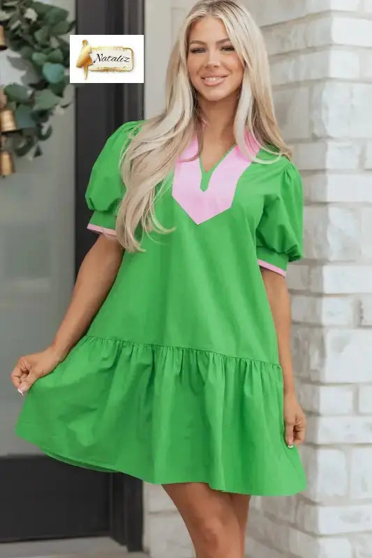 Bright Green Color Block Detail Split Neck Short Puff Sleeve Ruffle Hem Mini Dress Nataliz