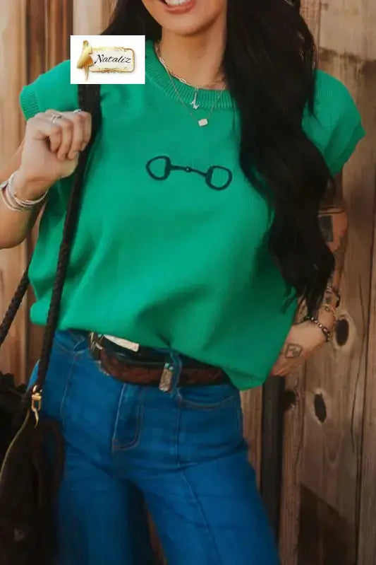 Bright Green Horse Bit Embroidered Loose Short Sleeve Sweater Dear-Lover Dropshipping