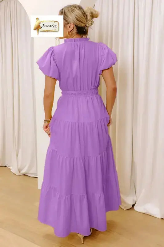 Bright Green Solid Color V Neck Short Puff Sleeve High Waist Tiered Maxi Dress Nataliz