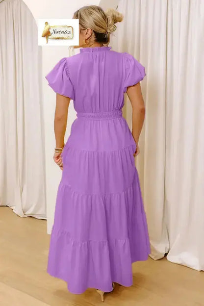 Bright Green Solid Color V Neck Short Puff Sleeve High Waist Tiered Maxi Dress Nataliz