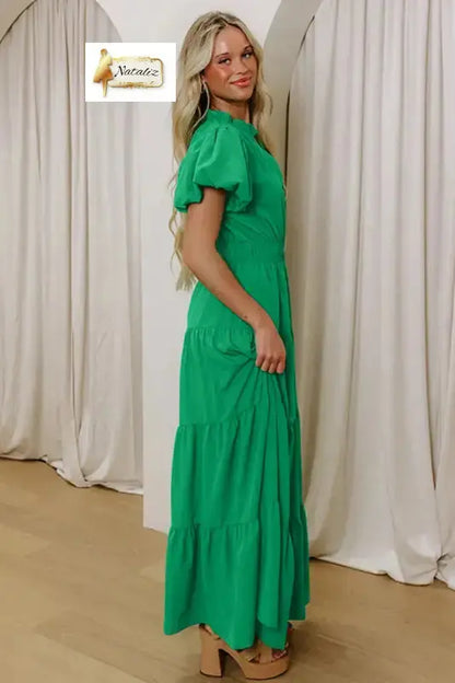 Bright Green Solid Color V Neck Short Puff Sleeve High Waist Tiered Maxi Dress Dear-Lover Dropshipping