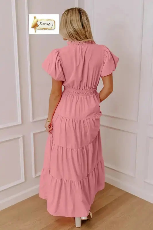 Bright Green Solid Color V Neck Short Puff Sleeve High Waist Tiered Maxi Dress Nataliz