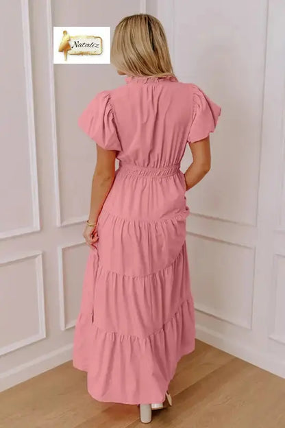 Bright Green Solid Color V Neck Short Puff Sleeve High Waist Tiered Maxi Dress Nataliz