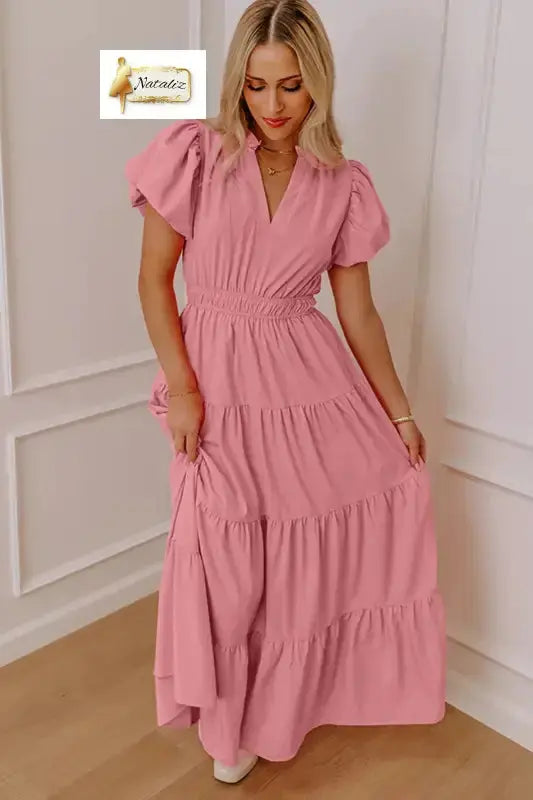 Bright Green Solid Color V Neck Short Puff Sleeve High Waist Tiered Maxi Dress Nataliz