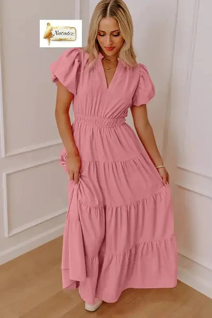 Bright Green Solid Color V Neck Short Puff Sleeve High Waist Tiered Maxi Dress Nataliz