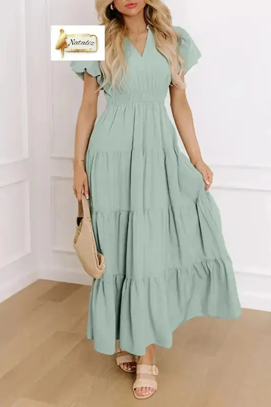 Bright Green Solid Color V Neck Short Puff Sleeve High Waist Tiered Maxi Dress Dear-Lover Dropshipping