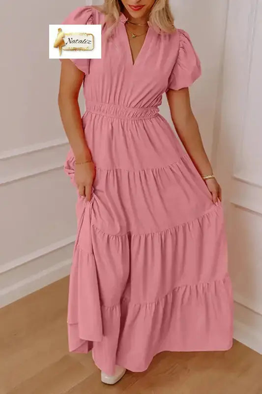 Bright Green Solid Color V Neck Short Puff Sleeve High Waist Tiered Maxi Dress Nataliz