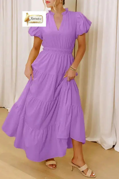 Bright Green Solid Color V Neck Short Puff Sleeve High Waist Tiered Maxi Dress Nataliz