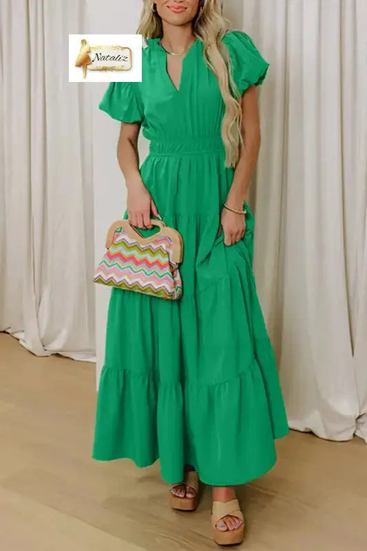 Bright Green Solid Color V Neck Short Puff Sleeve High Waist Tiered Maxi Dress Dear-Lover Dropshipping