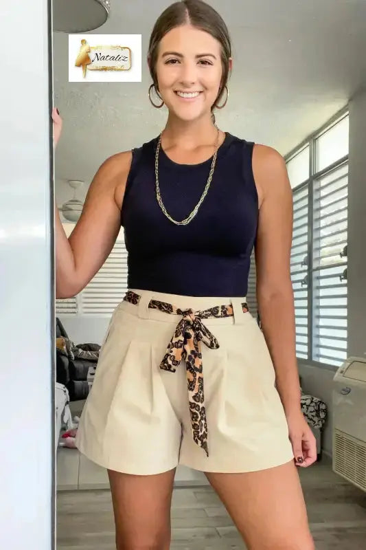 Bright Pink Leopard Contrast Sash Belt Pleated Wide Leg Shorts Nataliz