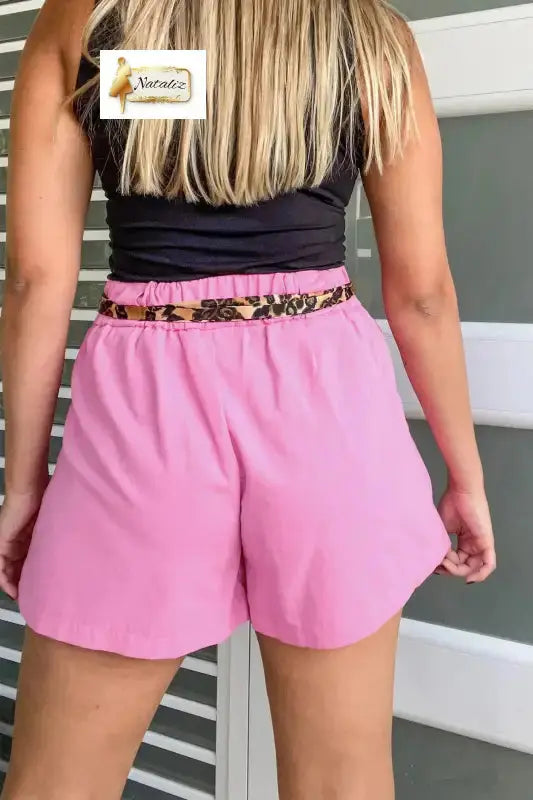Bright Pink Leopard Contrast Sash Belt Pleated Wide Leg Shorts Nataliz