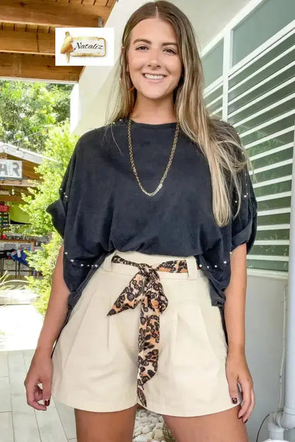 Bright Pink Leopard Contrast Sash Belt Pleated Wide Leg Shorts Nataliz