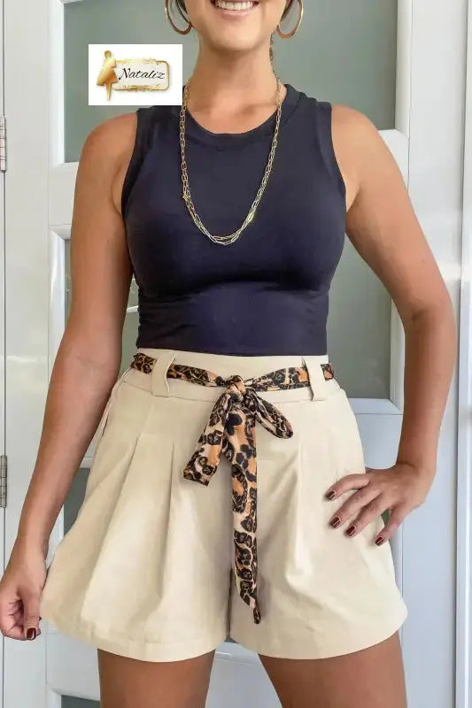 Bright Pink Leopard Contrast Sash Belt Pleated Wide Leg Shorts Nataliz