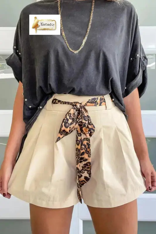 Bright Pink Leopard Contrast Sash Belt Pleated Wide Leg Shorts Nataliz