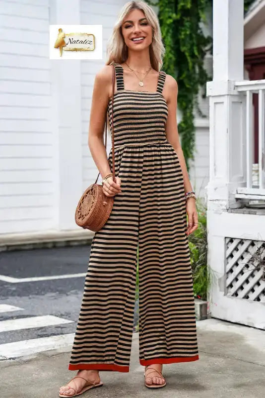 Brown Stripe Square Neck Shirred Wide Leg Jumpsuit Nataliz
