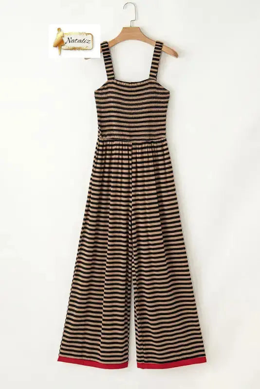 Brown Stripe Square Neck Shirred Wide Leg Jumpsuit Nataliz