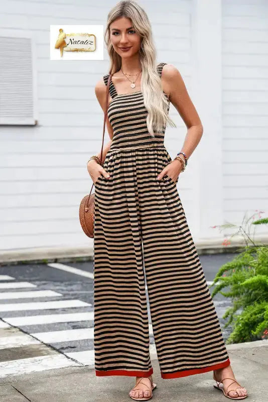 Brown Stripe Square Neck Shirred Wide Leg Jumpsuit Dear-Lover Dropshipping