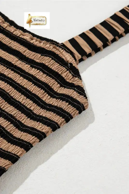 Brown Stripe Square Neck Shirred Wide Leg Jumpsuit Nataliz