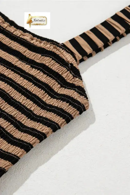 Brown Stripe Square Neck Shirred Wide Leg Jumpsuit Nataliz