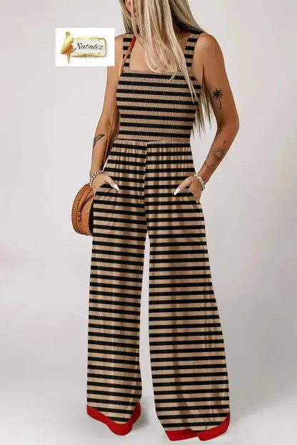Brown Stripe Square Neck Shirred Wide Leg Jumpsuit Dear-Lover Dropshipping