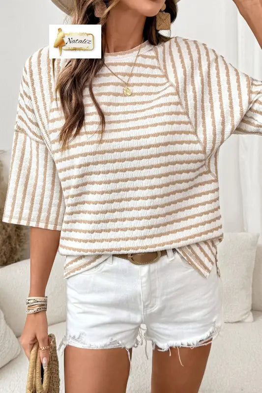 Brown Stripe Textured Knit Split Hem Half Sleeve Loose Top Dear-Lover Dropshipping