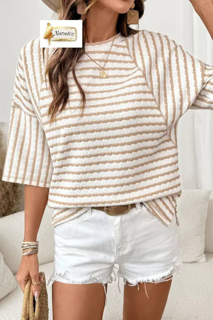 Brown Stripe Textured Knit Split Hem Half Sleeve Loose Top Dear-Lover Dropshipping