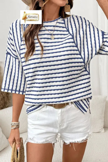 Brown Stripe Textured Knit Split Hem Half Sleeve Loose Top Nataliz