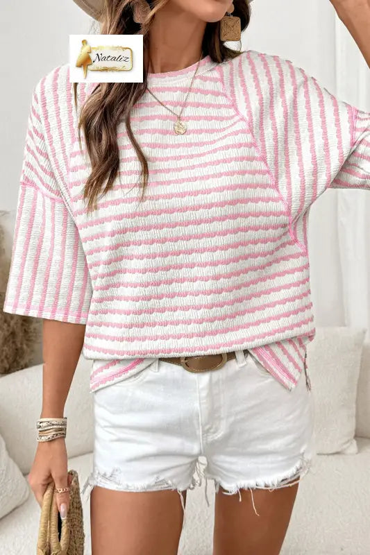 Brown Stripe Textured Knit Split Hem Half Sleeve Loose Top Nataliz
