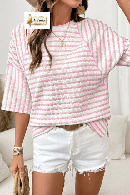 Brown Stripe Textured Knit Split Hem Half Sleeve Loose Top Nataliz