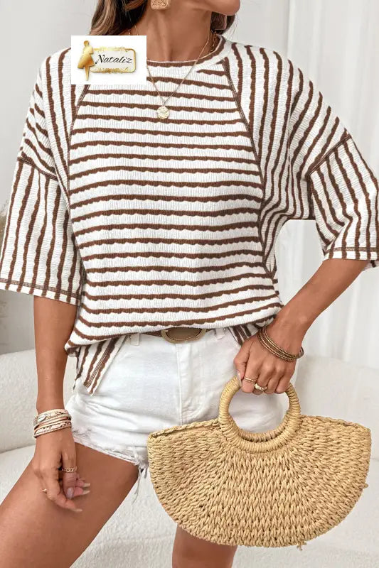 Brown Stripe Textured Knit Split Hem Half Sleeve Loose Top Dear-Lover Dropshipping