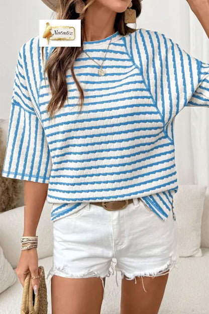 Brown Stripe Textured Knit Split Hem Half Sleeve Loose Top Nataliz