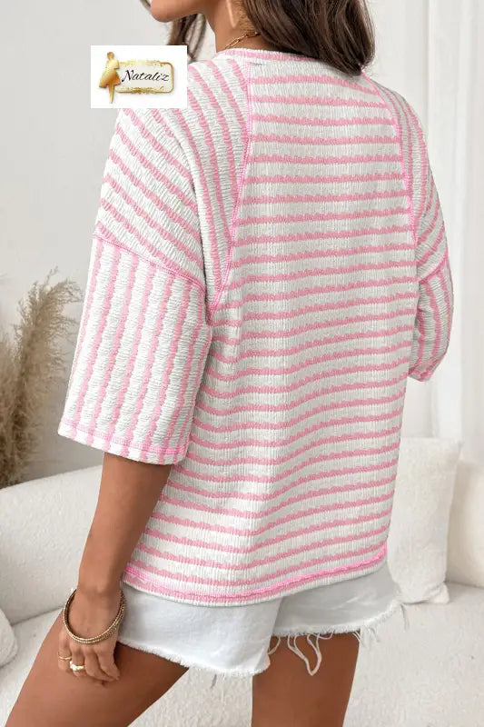 Brown Stripe Textured Knit Split Hem Half Sleeve Loose Top Nataliz