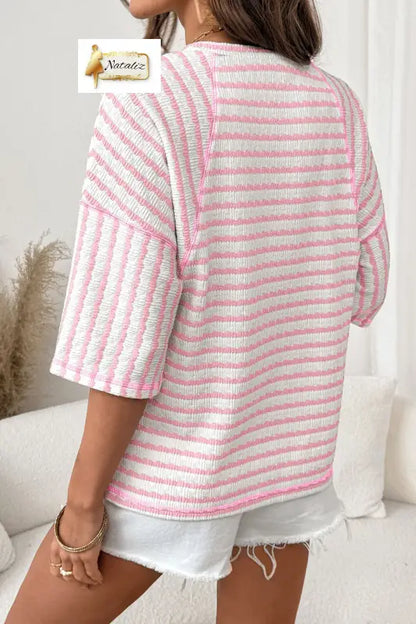 Brown Stripe Textured Knit Split Hem Half Sleeve Loose Top Nataliz