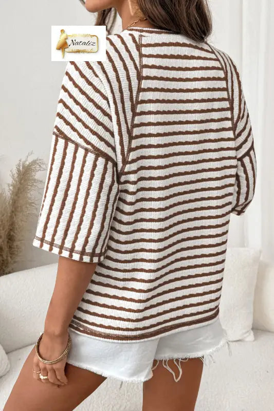 Brown Stripe Textured Knit Split Hem Half Sleeve Loose Top Dear-Lover Dropshipping