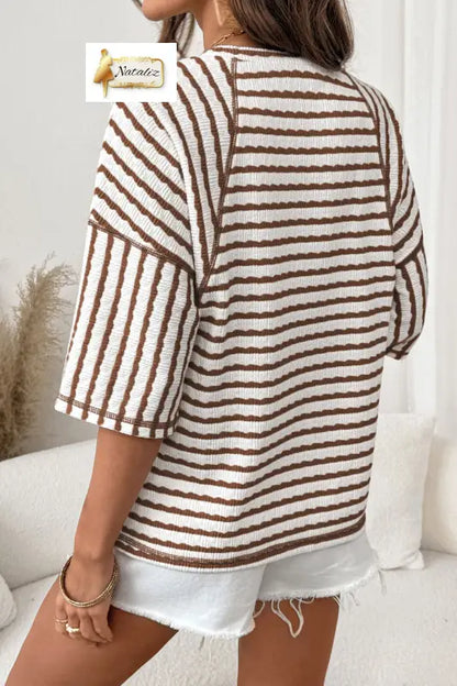 Brown Stripe Textured Knit Split Hem Half Sleeve Loose Top Dear-Lover Dropshipping