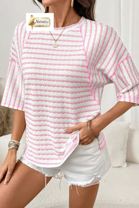 Brown Stripe Textured Knit Split Hem Half Sleeve Loose Top Nataliz