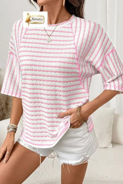 Brown Stripe Textured Knit Split Hem Half Sleeve Loose Top Nataliz