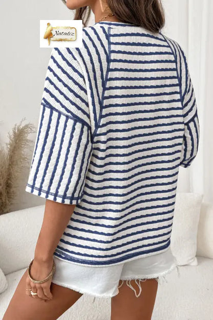 Brown Stripe Textured Knit Split Hem Half Sleeve Loose Top Nataliz