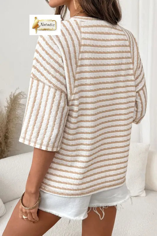 Brown Stripe Textured Knit Split Hem Half Sleeve Loose Top Nataliz