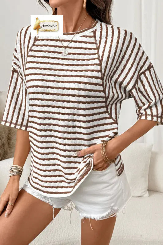Brown Stripe Textured Knit Split Hem Half Sleeve Loose Top Dear-Lover Dropshipping