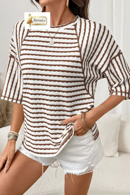 Brown Stripe Textured Knit Split Hem Half Sleeve Loose Top Dear-Lover Dropshipping