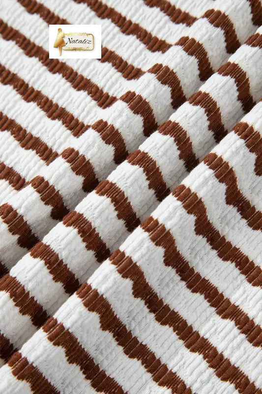 Brown Stripe Textured Knit Split Hem Half Sleeve Loose Top Dear-Lover Dropshipping