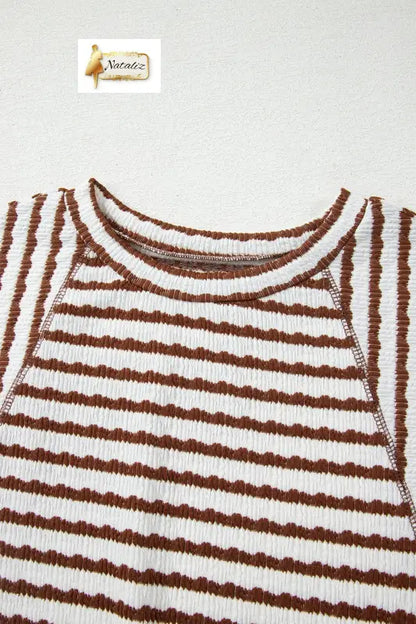 Brown Stripe Textured Knit Split Hem Half Sleeve Loose Top Dear-Lover Dropshipping