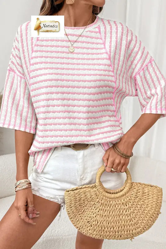 Brown Stripe Textured Knit Split Hem Half Sleeve Loose Top Nataliz